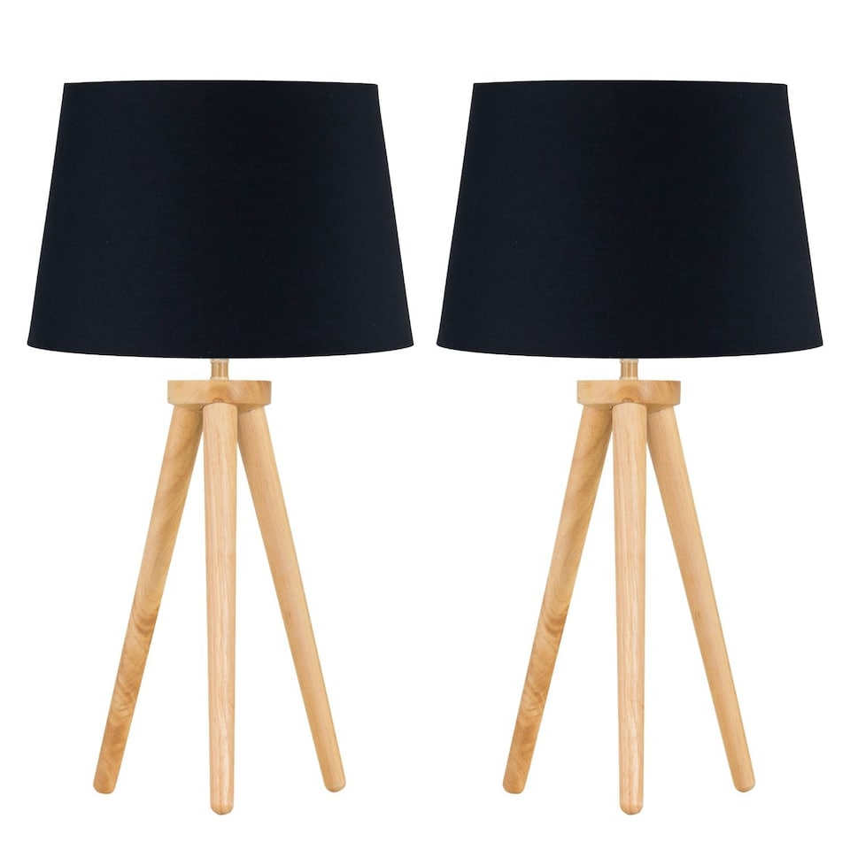 image 1 of Set of 2 Light Oak Table Lamp or Bedside Lights with Black Shades Brown | Black