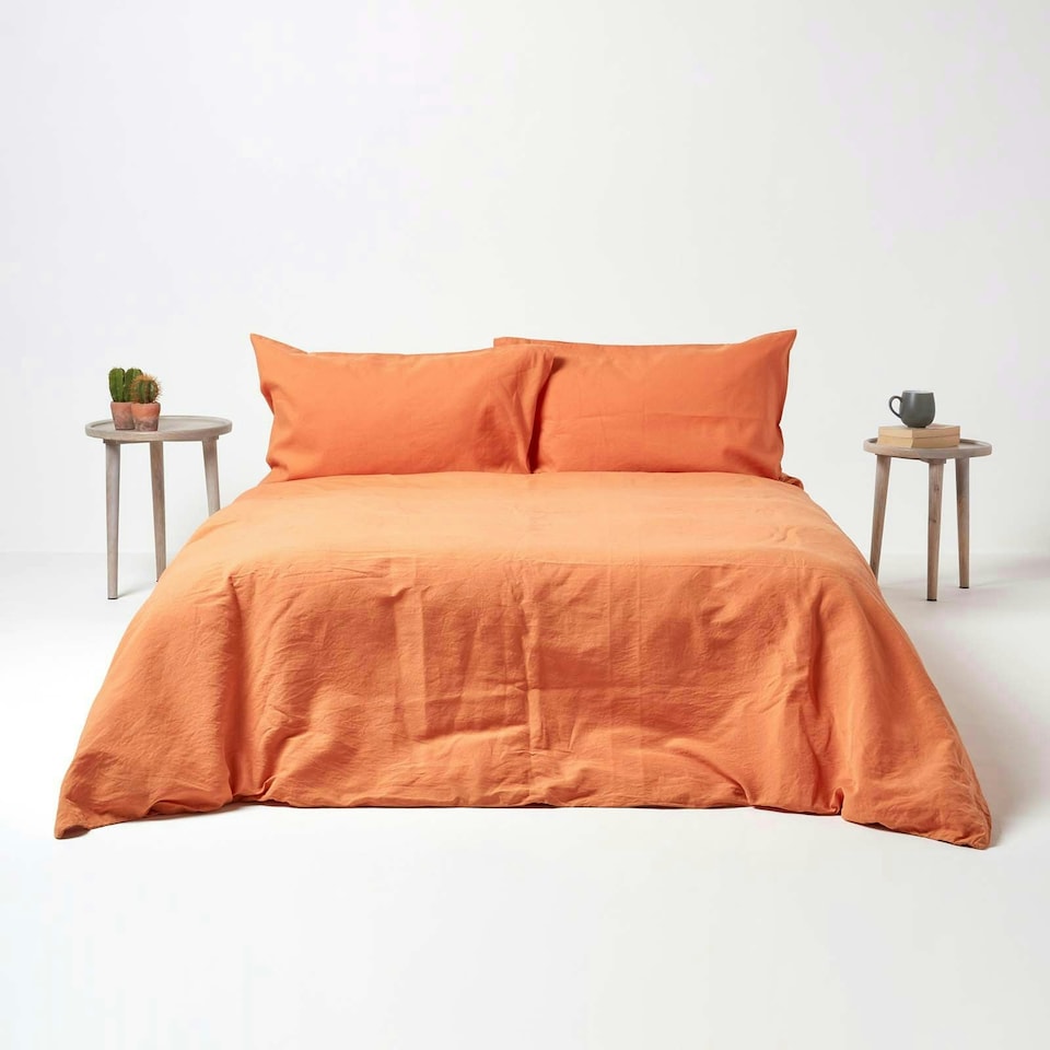 image 1 of Homescapes Burnt Orange Linen Fitted Sheet, Double Orange | Double