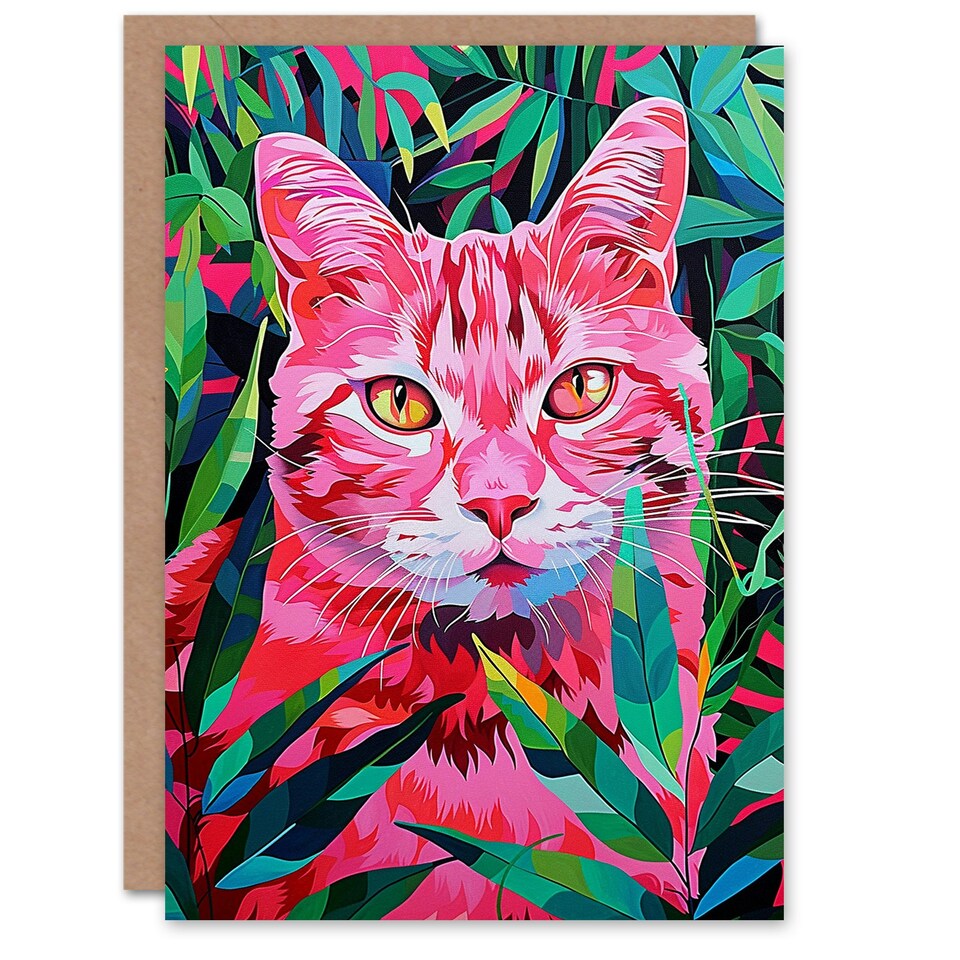 image 1 of Neon Pink Cat Lover Jungle Nature Design Woman Her Birthday Card