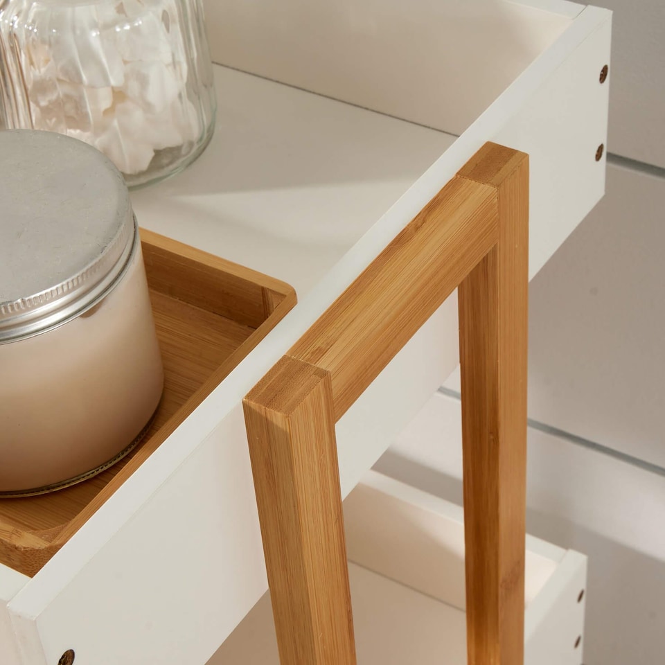 image 1 of Bamboo Storage Trolley White 4 Tier with Wheels Kitchen Bathroom Organiser Unit