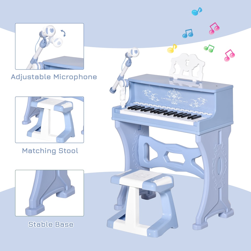 image 1 of HOMCOM 37 Keys Kids Piano Mini Electronic Keyboard Light Kids Musical Instrument Educational Game Children Grand Piano Toy Set with Stool and Microphone & Music Stand (Blue)