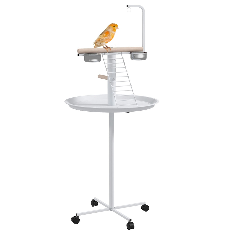 image 1 of PawHut Bird Table with Four Wheels, Perches, Stainless Steel Bowls, Round Tray
