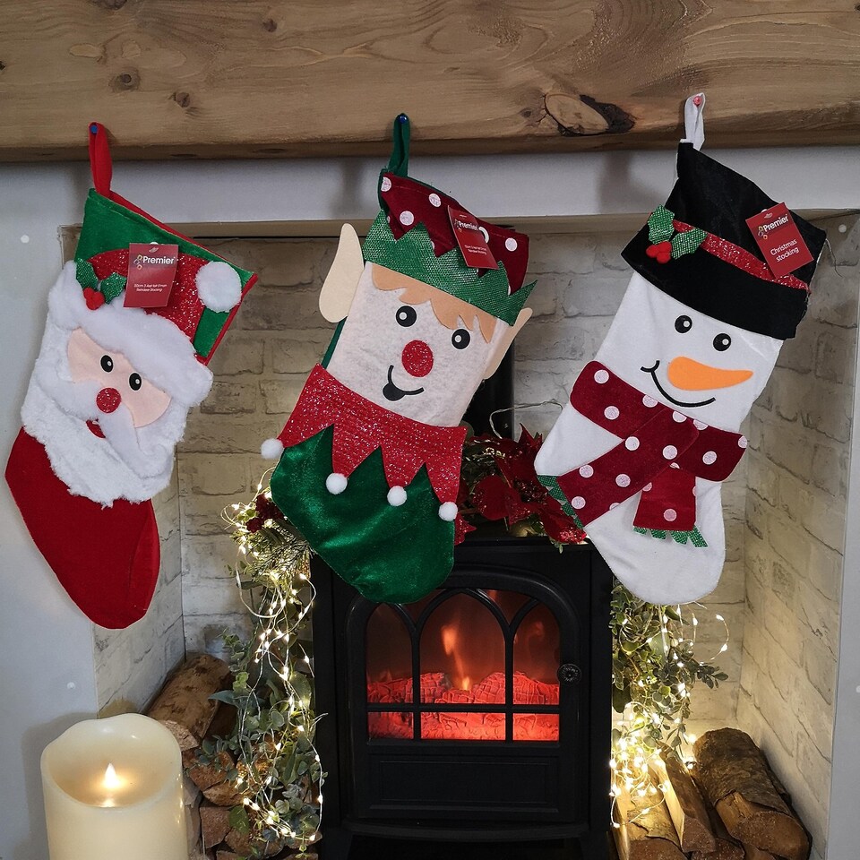 image 1 of Bulk of 36 Hanging Christmas Stockings with 3 Different Designs - Santa, Snowman & Elf