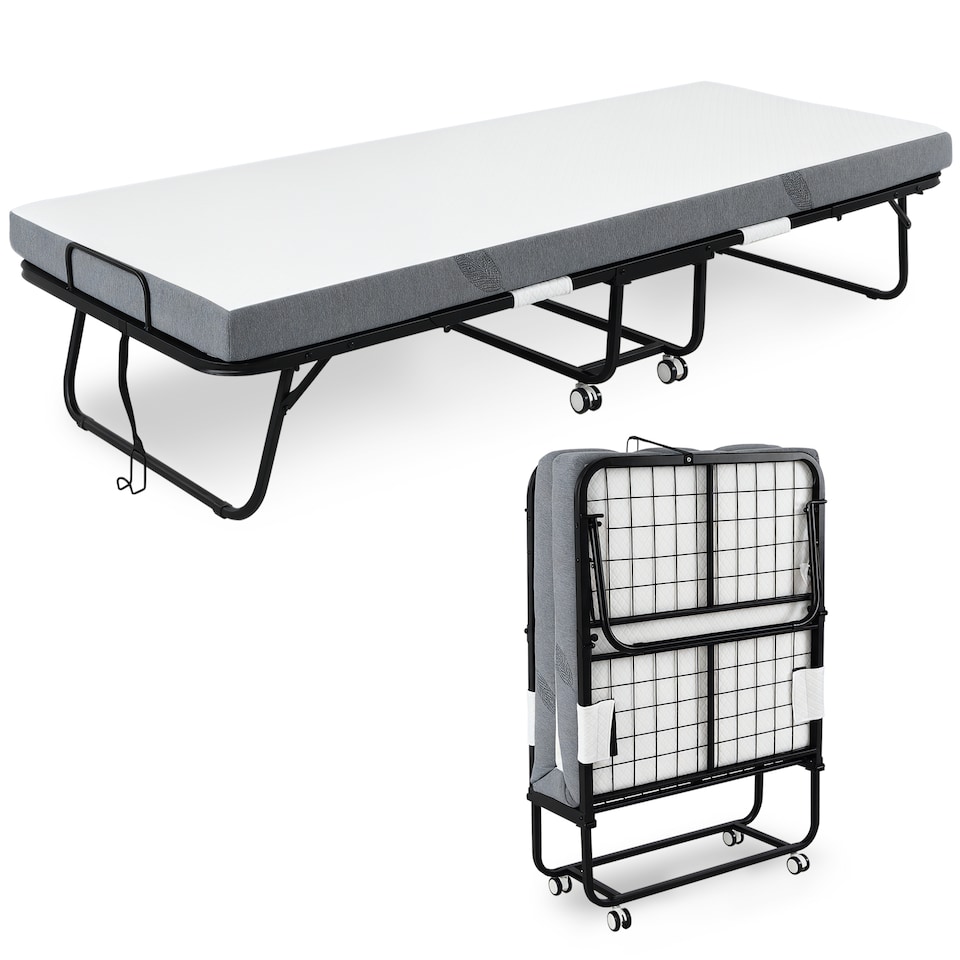 image 1 of HOMCOM Folding Bed with 10cm Mattress, Portable Foldable Guest Bed with Sturdy Metal Frame on Wheels