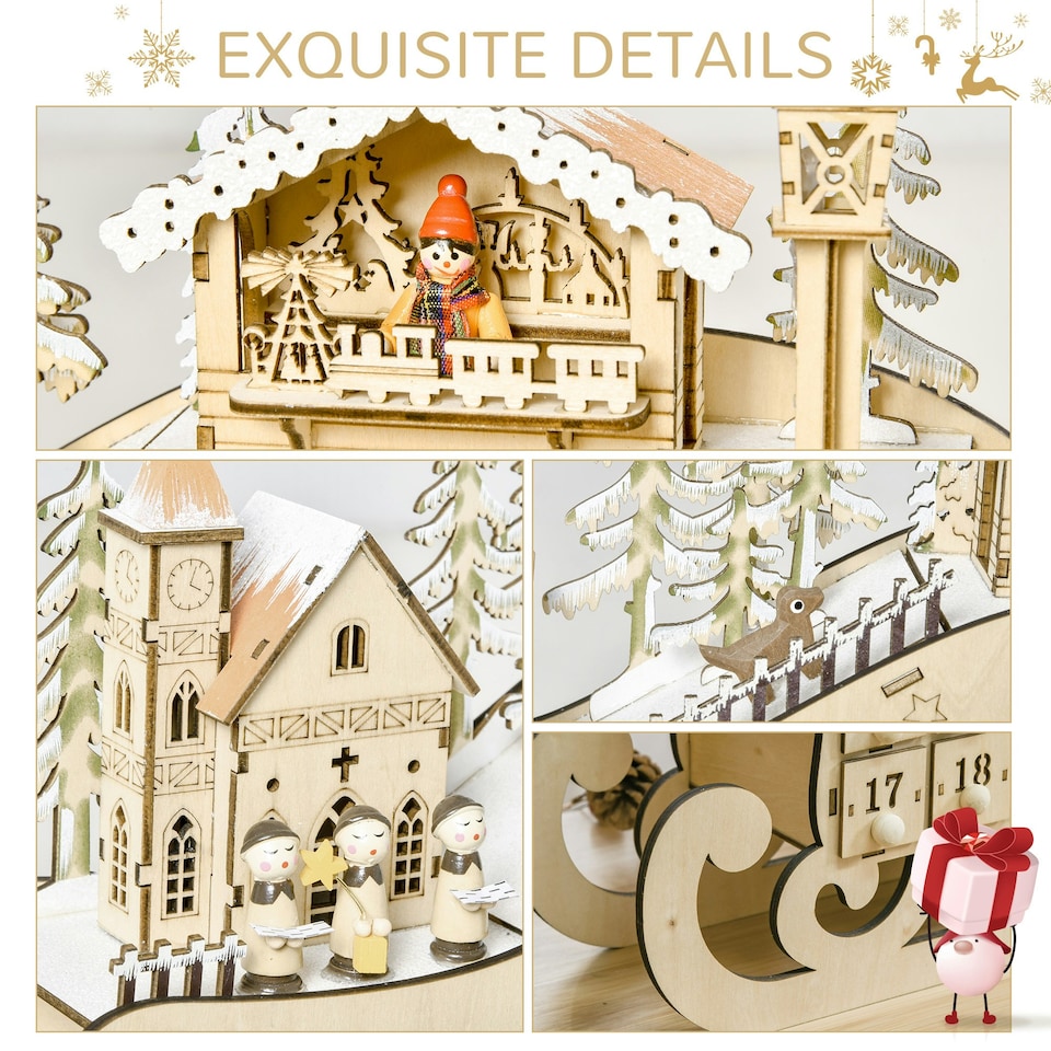 image 1 of HOMCOM Christmas Advent Calendar Light Up Sleigh w/ Countdown Drawer, Village