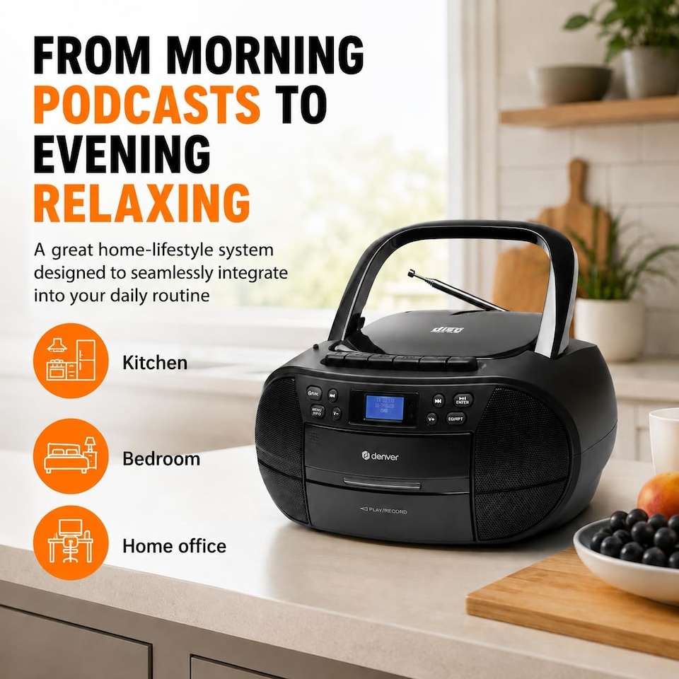 image 1 of Denver Portable Radio CD Tape Cassette Player With DAB Radio – Mains or Battery Power - TDC-280 | Black
