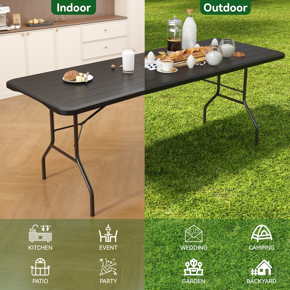 image 1 of 6ft Folding Table and benches heavy duty Indoor and Outdoor use Garden Camping Event Table Dark Wood | Brown | Wood Effect