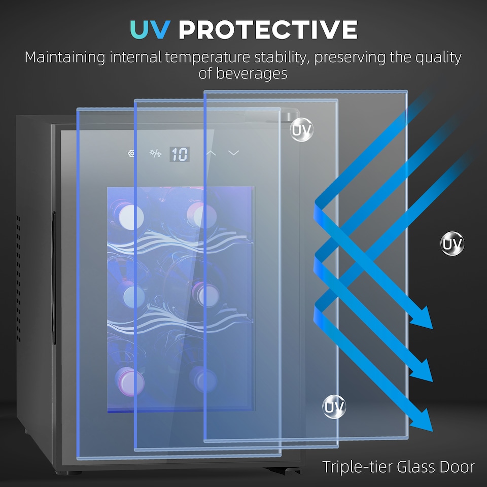 image 1 of HOMCOM Mini Table Top Wine Fridge, 6 Bottle, 17L, 8-18℃, 26.5cm Quiet Under Counter Wine Cooler Fridge with Glass Door, LED Light, Digital Touch Screen, Temperature Control