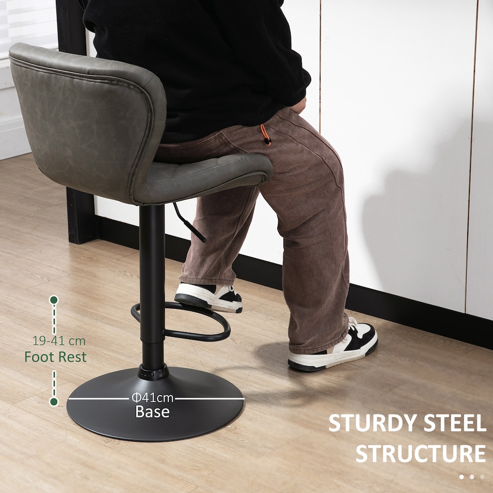 image 1 of HOMCOM Bar Stools, Set of 2 Breakfast Bar Chairs, Swivel Barstools with Backrest and Footrest, Steel Frame Diamond Pattern PU, for Kitchen Counter, Dining Room, Dark Grey