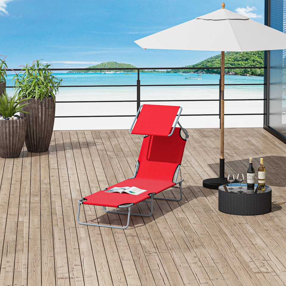 image 1 of Outsunny Folding Chair Sun Lounger w/ Sunshade Garden Recliner Hammock Red