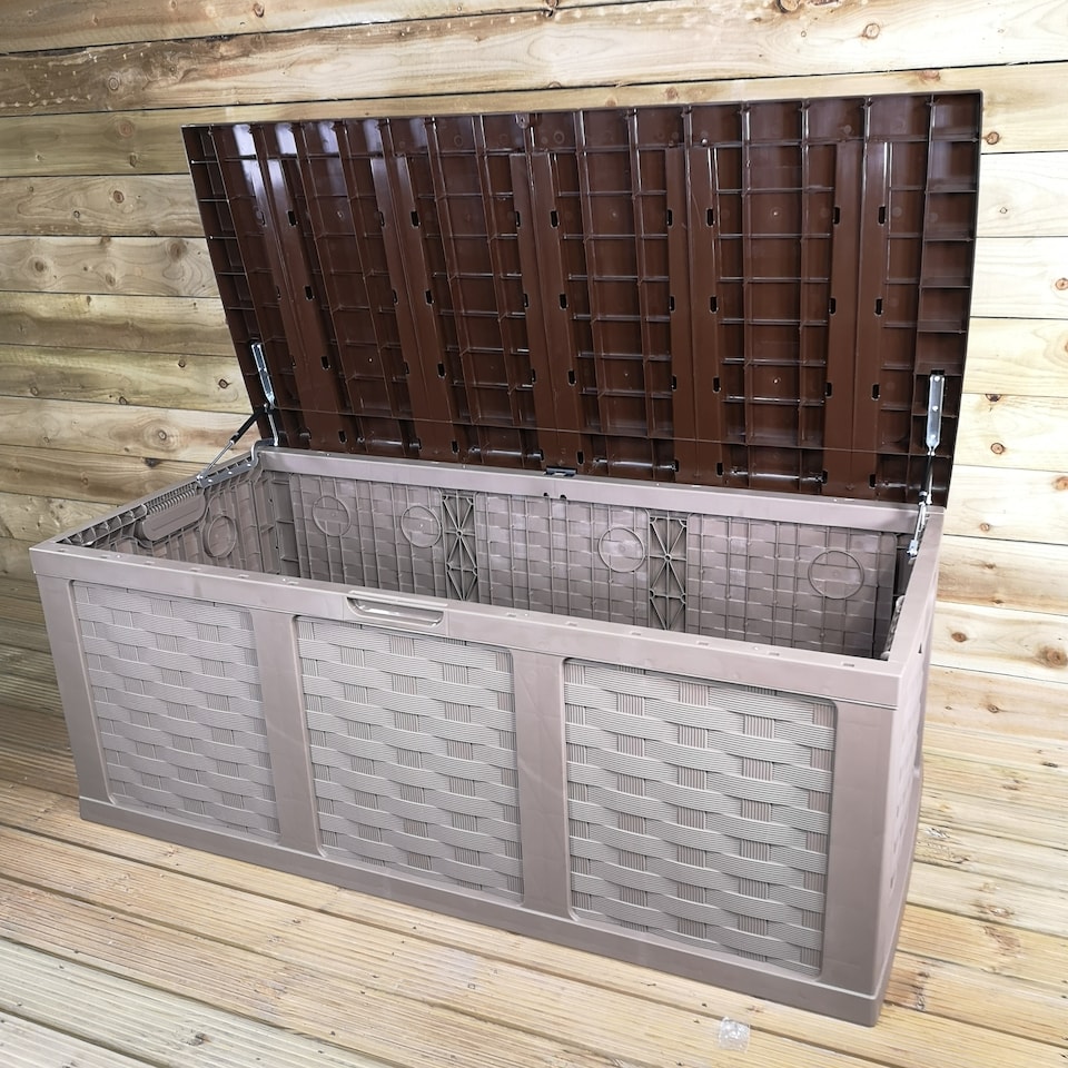 image 1 of HUGE XXL 634 Litre Rattan Sit On Cushion Garden Storage Seat Decking Box In Brown