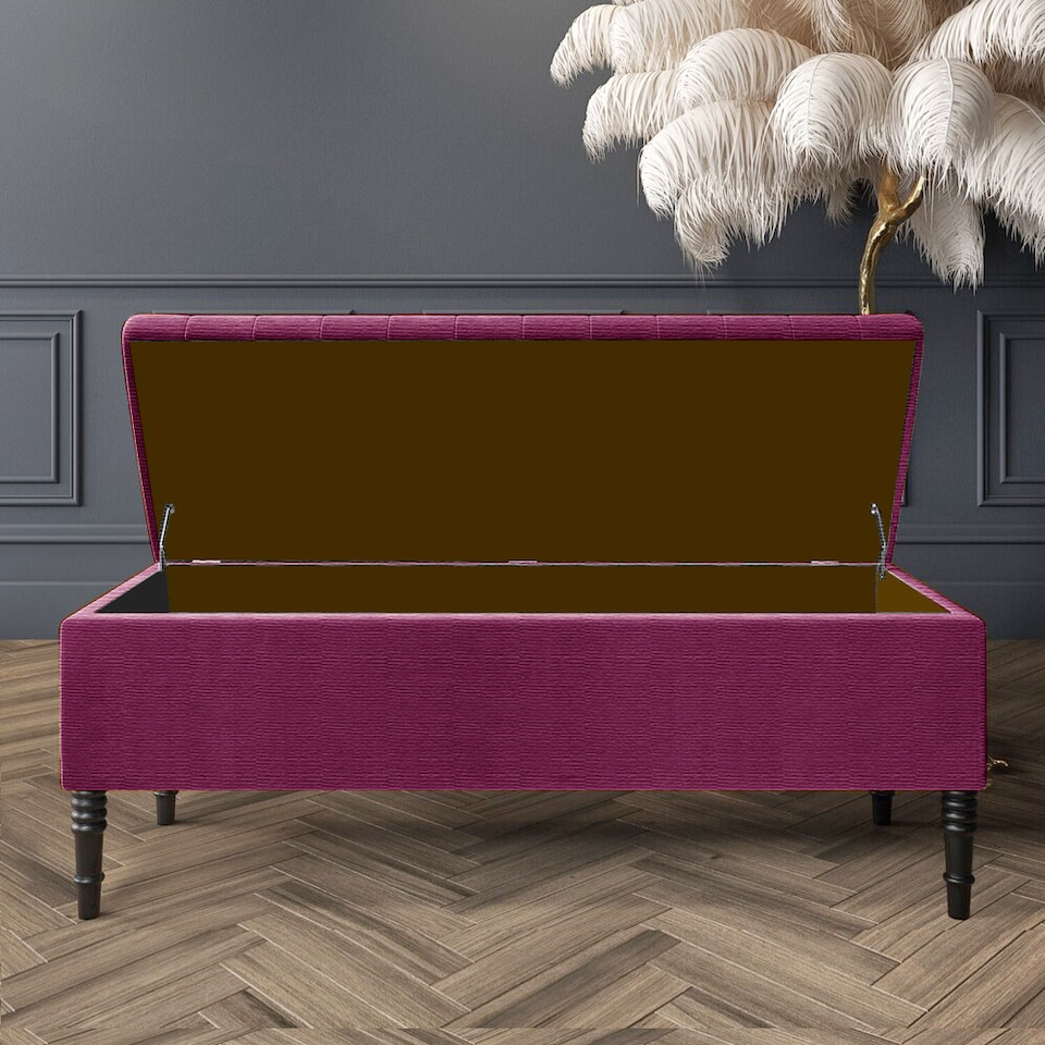 image 1 of 150cm Paris Striped Ottoman Storage Bench -Upholstered Shoes Bench with Black Turned Wooden Legs - Purple Naple Ottoman Bench