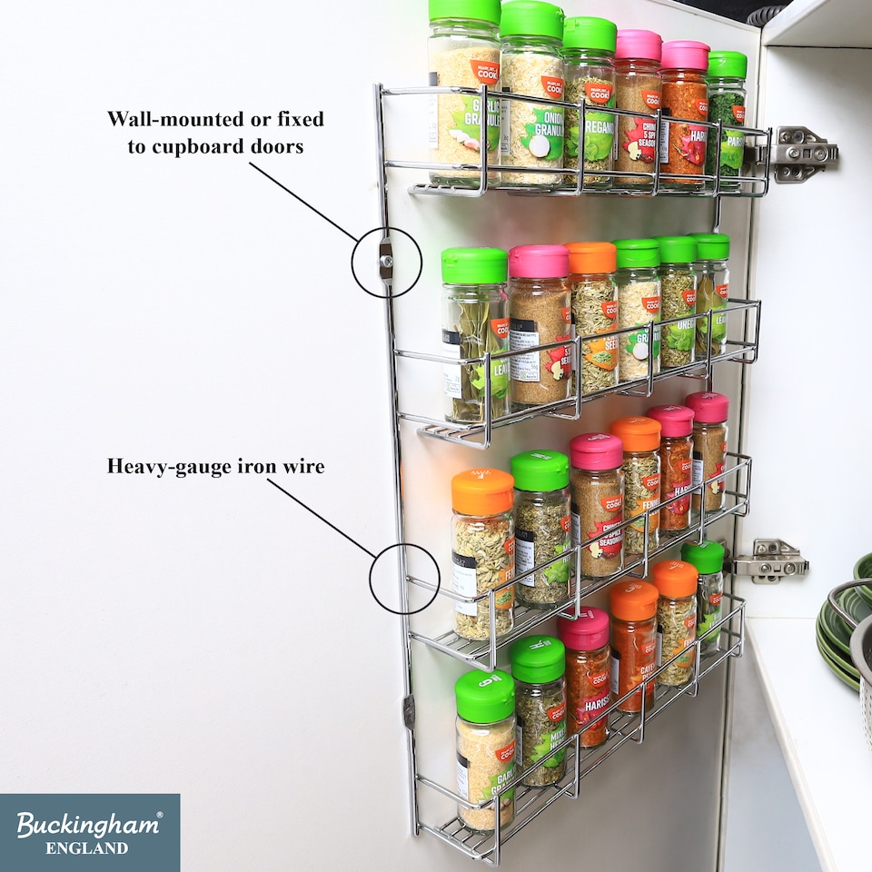 image 1 of Buckingham 4-Tier Spice Rack Cupboard Jar & Packet Organizer for Kitchen Storage 38.5 cm | Silver