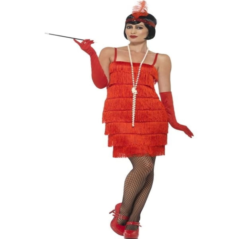 Flapper Costume - Red - with Short Dress - Headband & Gloves - 45499S S