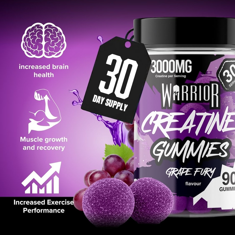 image 1 of Warrior Creatine Monohydrate Gummies – 3000mg Creatine per Serving, Chewable & No-Mix – Grape Fury, 90 Gummies (30 Servings)