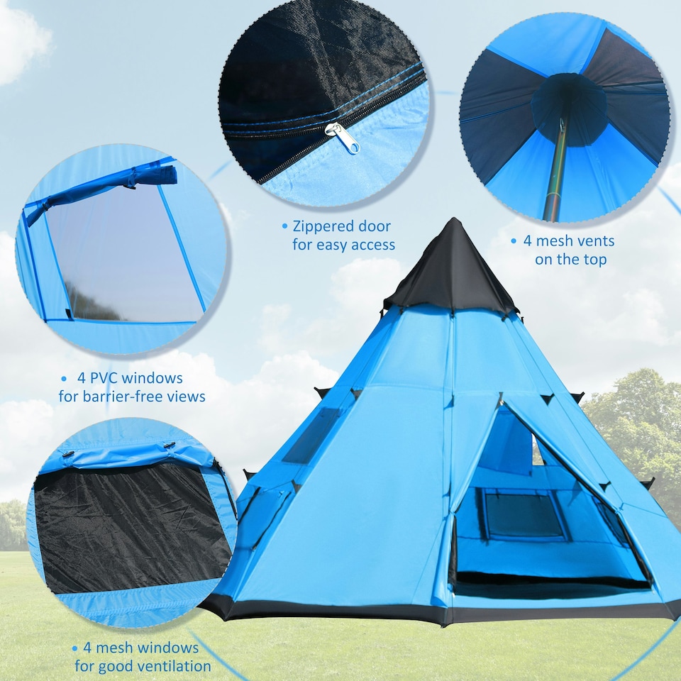 image 1 of Outsunny 6-7 Person Large Family Party Camping Tent W/ Carrying Bag, Blue