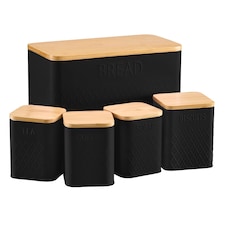 Cooks Professional 5 Piece Square Kitchen Storage Cannister Set with Bamboo Lids | Black | Black | 5