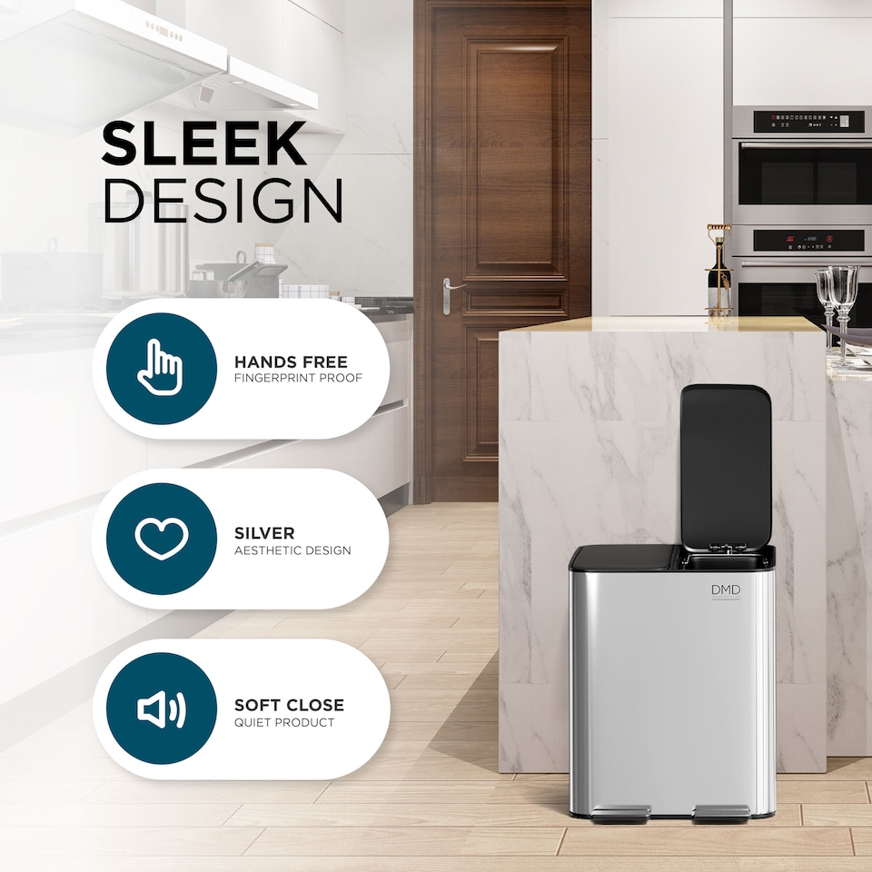 image 1 of DMD 30L Stainless Steel Recycling Bin, 2 x 15L Removable Plastic Recycling Buckets | Silver | Silver