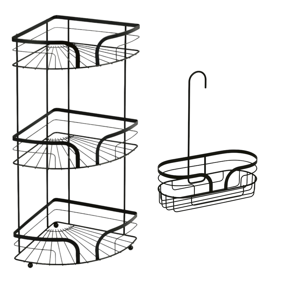 image 1 of Showerdrape Dante Black Corner Caddy and Mini Shower Caddy | Black | 1