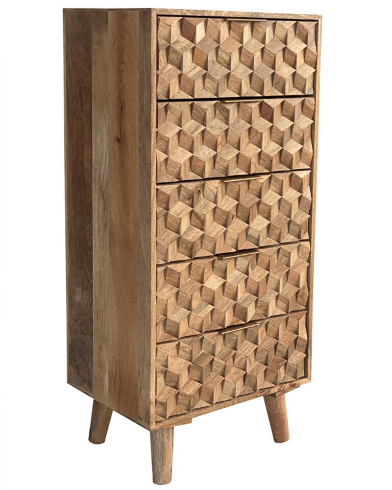image 1 of Geometric 5 Drawer Tall Chest - Mango Wood - L40 x W55 x H118 cm - Mango Light Finish