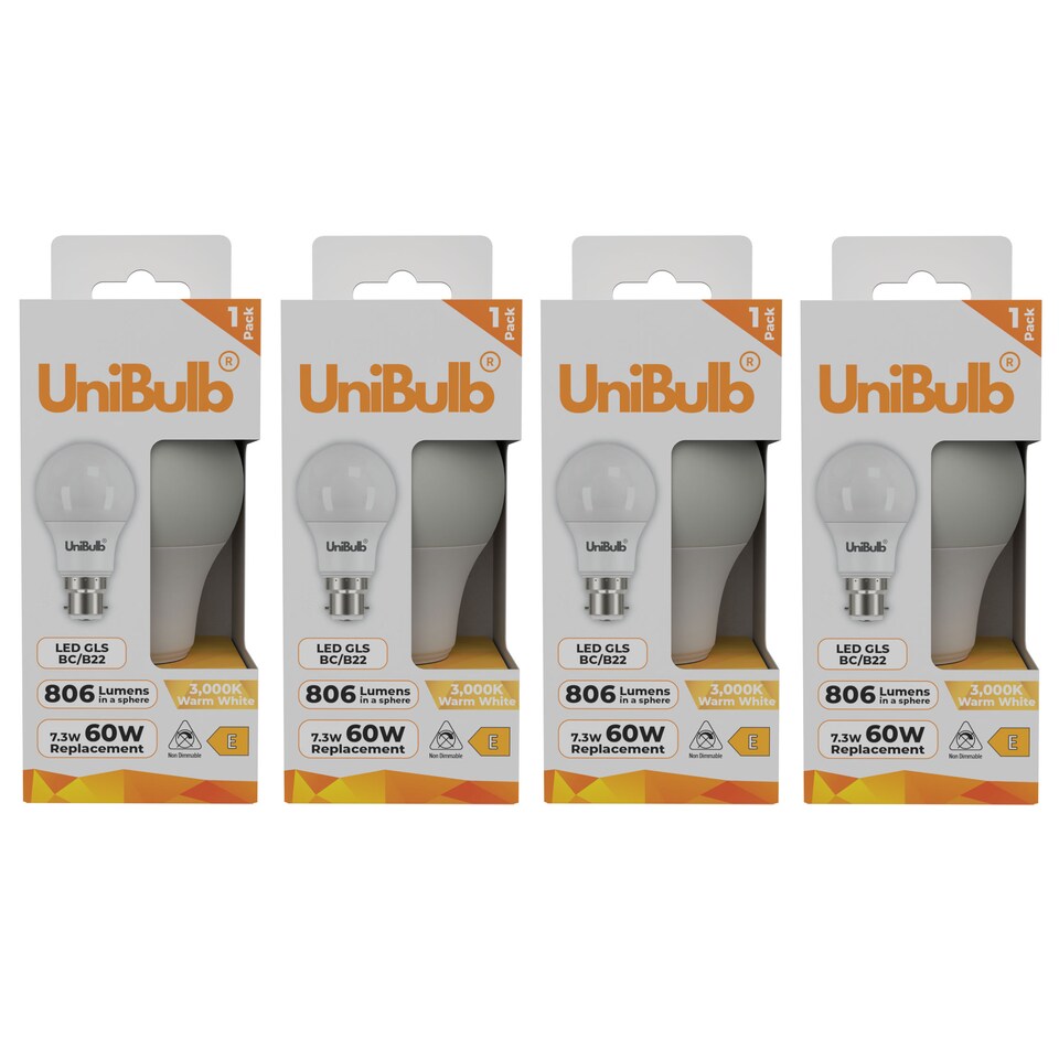image 1 of UniBulb LED GLS B22 Bayonet Cap (BC) 806lm 7.3W (Replaces 60W) 3000K (Warm White) Light Bulb - Pack of 4 | Clear | Warm White | 4