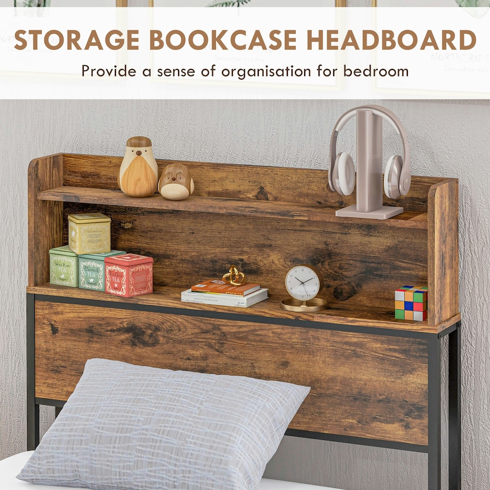 image 1 of HOMCOM 3.1FT Single Bed Frame with Storage Headboard and Under Bed Storage