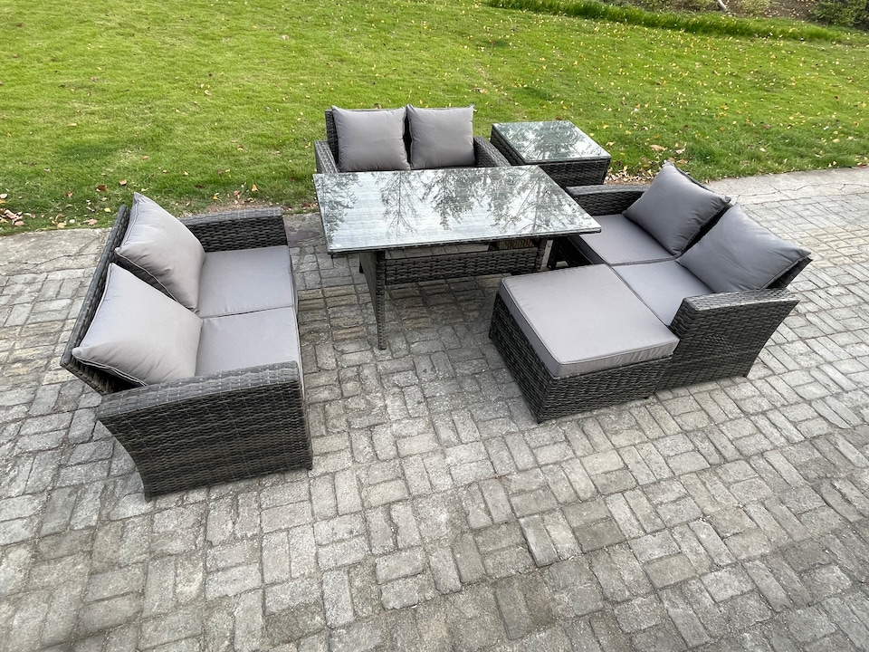 image 1 of Fimous 7 Seater Rattan Wicker Garden Furniture Patio Conservatory Sofa Set Indoor Outdoor with Dining Table Double Seat Sofa Big Footstool Side Table