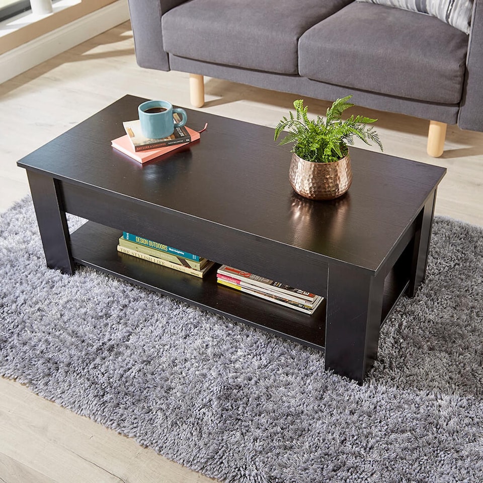 image 1 of Wooden Coffee Table With Lift Up Top Storage Area and Magazine Shelf | Black