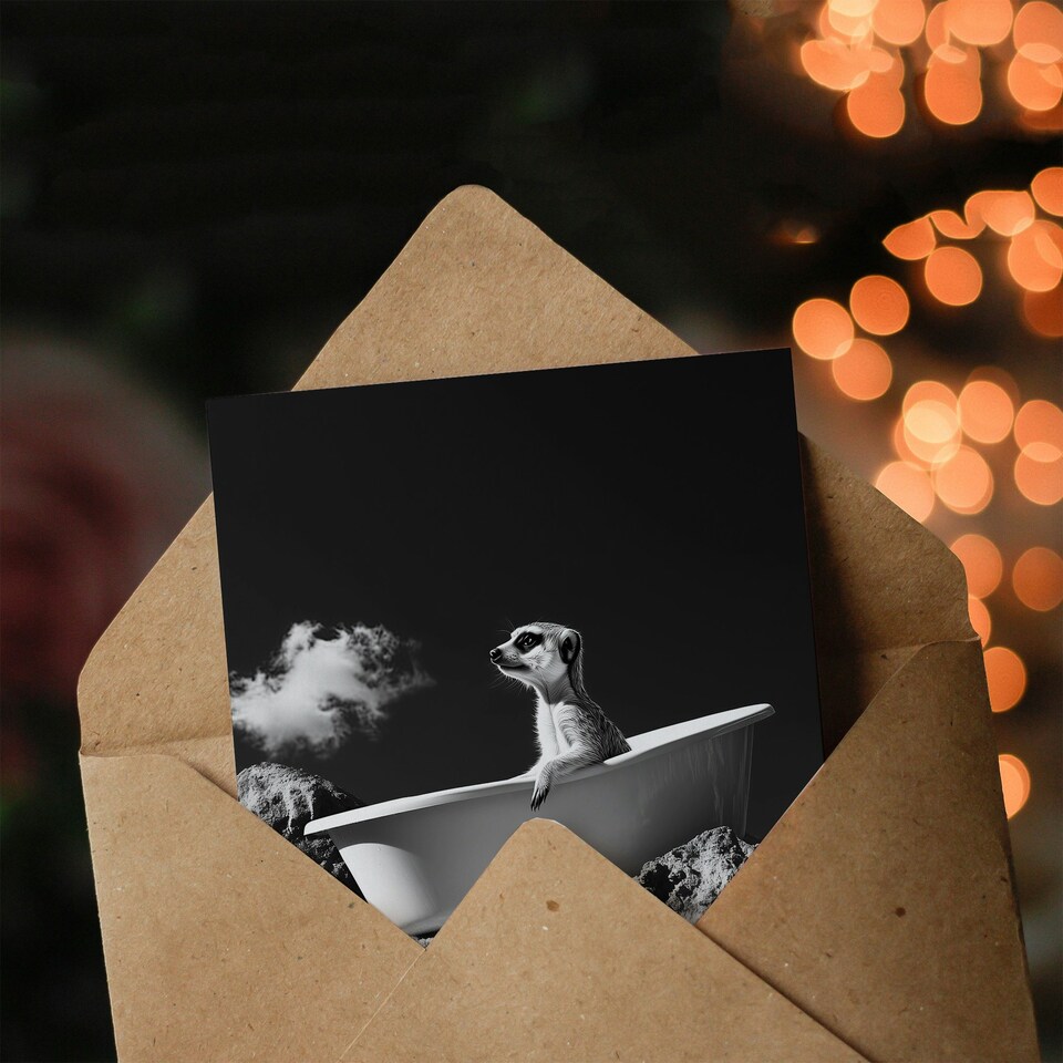 image 1 of Meerkat in Bathtub on a Rock Black White Surreal Birthday Greeting Card