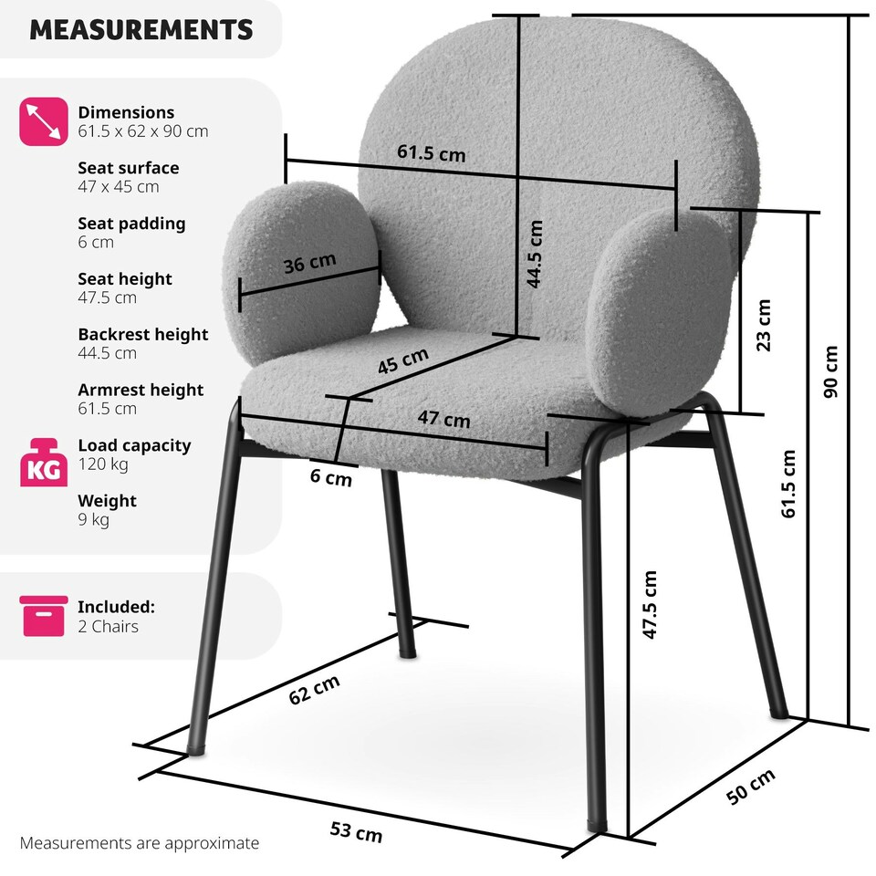 image 1 of Dining Chair - Boucle cover, plush padding, high backrest - Set of 2 Grey | Light Grey