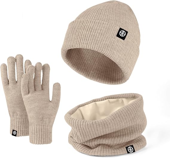 Winter Hat Scarf Gloves 3pcs Thermal Warm Knitted Beanie Cap Soft Fleece Brushed Inner Lining Elastic Circle Neck Warmer Thicken Touchscreen Gloves Wi