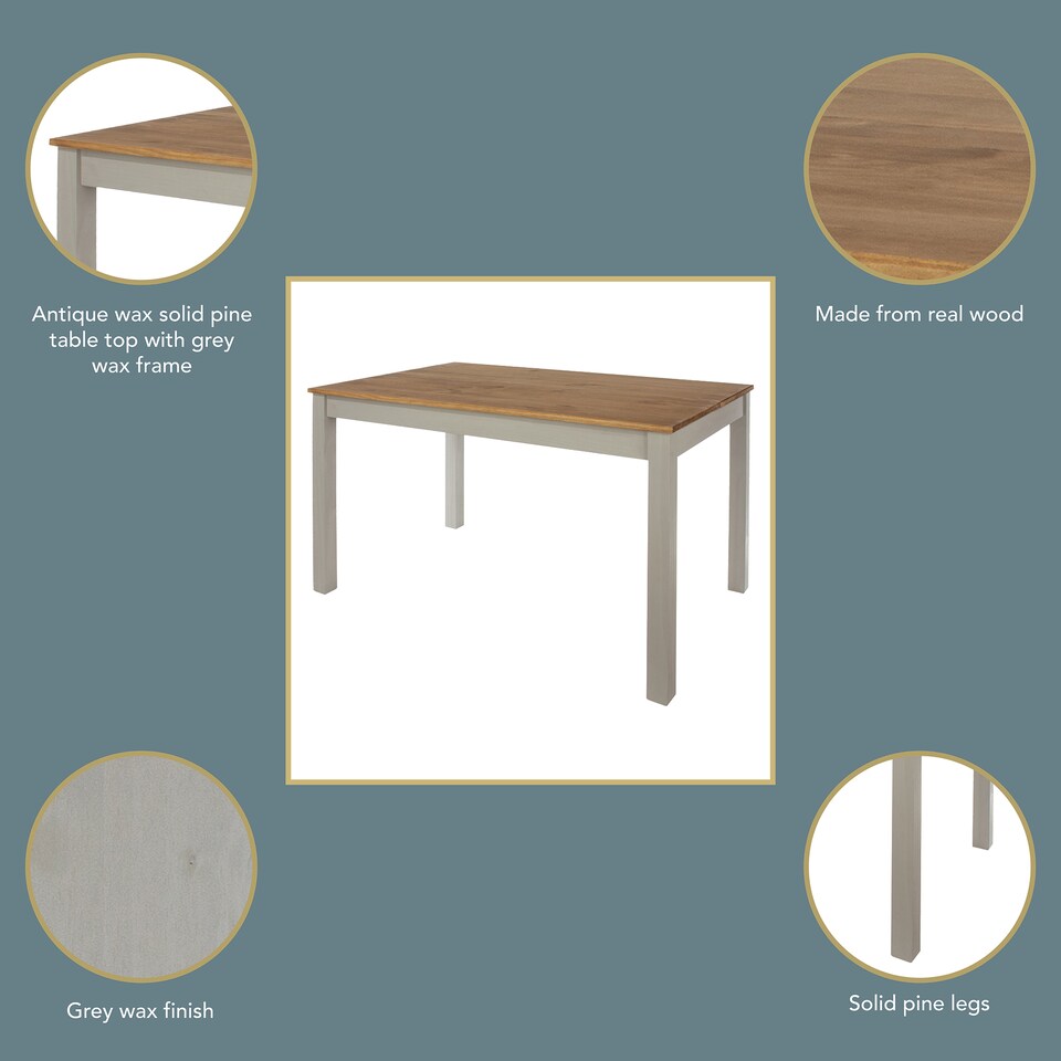 image 1 of Corona Linea Rectangular Solid Pine Dining Table with Antique Wax Top - Grey Wash Finish for Dining Room | Grey | Grey | Medium | 1