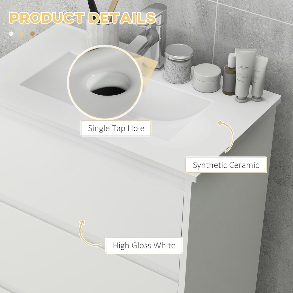 image 1 of kleankin 600mm Bathroom Vanity Unit w/ 1 Tap Hole Basin Drawers Gloss White White | High gloss
