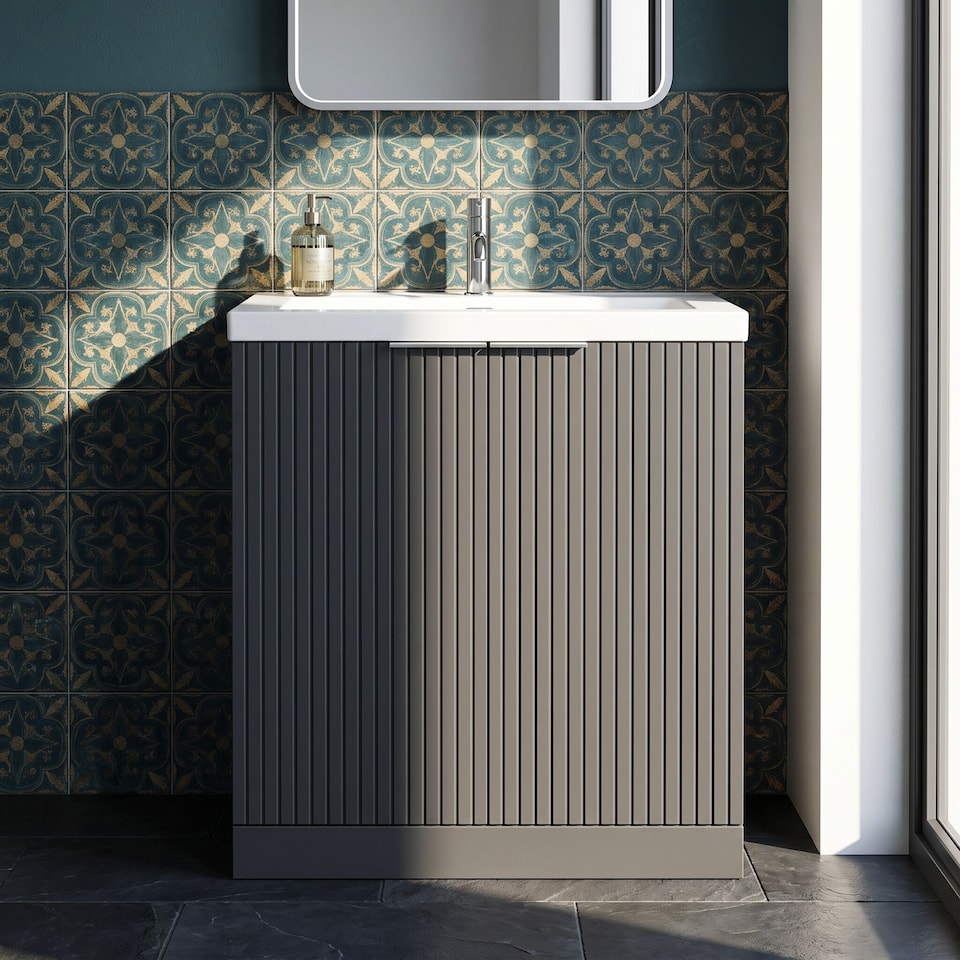 image 1 of Balterley Callingwood Contemporary Floor Standing 2 Door Vanity Unit with 1 Tap Hole Fireclay Basin , 800mm, Dark Grey
