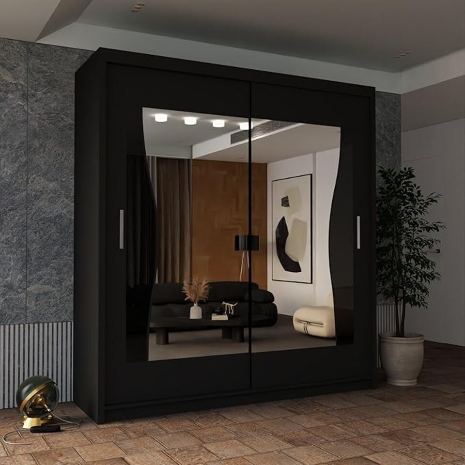 image 1 of Modern Sliding Wardrobe 203cm with Wavy Mirror Design | White, Black, Grey, Oak Finish Black | Black203cm