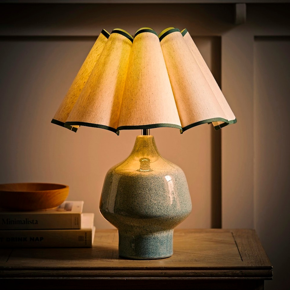 image 1 of ValueLights Jamie Green Ceramic Table Lamp with Green Scallop Tapered Shade Green