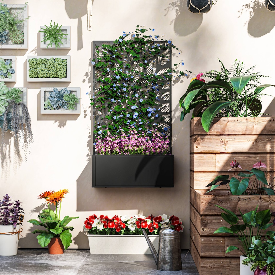 image 1 of Outsunny Metal Raised Garden Bed with Trellis, Outdoor Elevated Planter Box | Black | Black