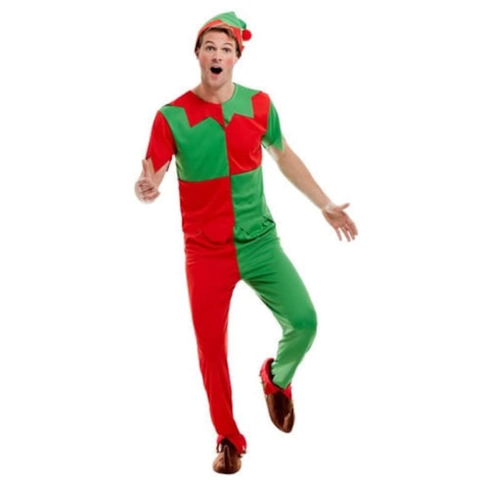 image 1 of Red and Green Elf Christmas Fancy Dress Costume Unisex Adult Medium | Red | M