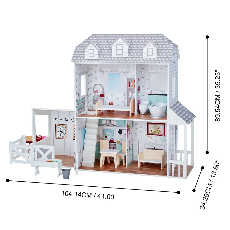 image 1 of Teamson Kids 2-Story Wooden Dollhouse with Stable, Grey, Farmhouse