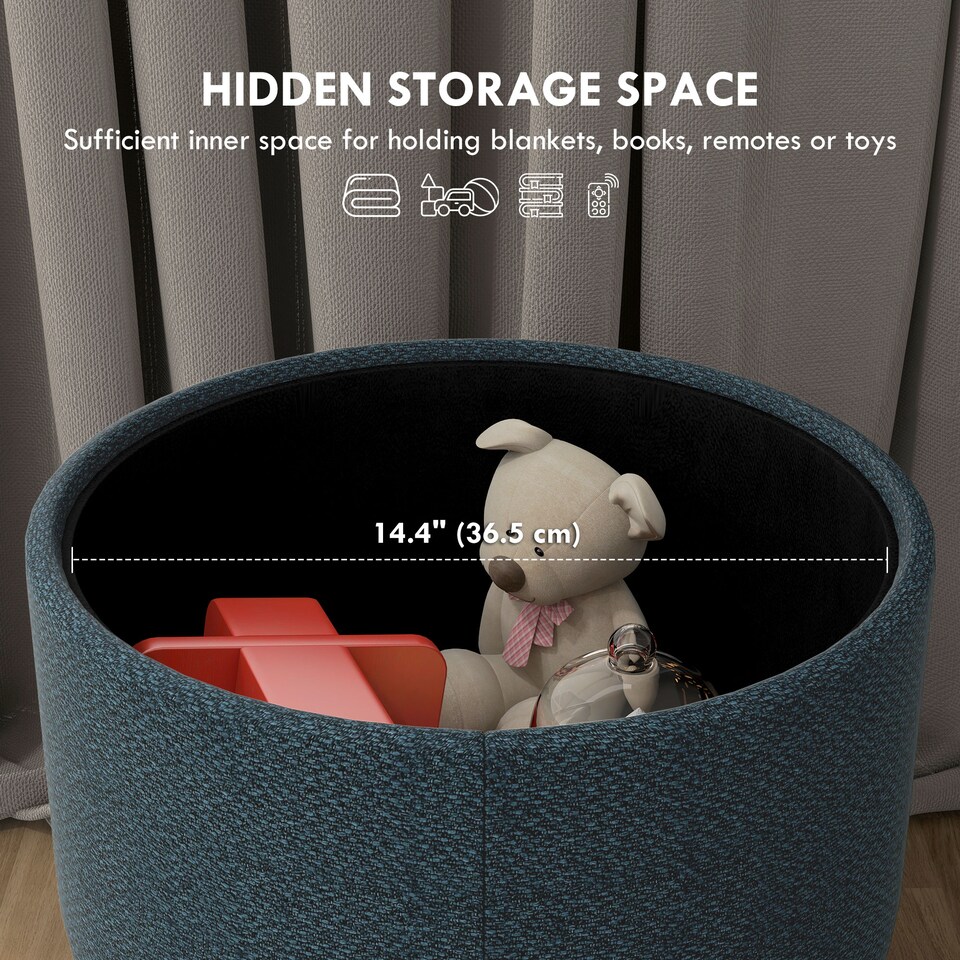 image 1 of HOMCOM Round Storage Stool, Linen Fabric Upholstered Foot Stool with Removable Top, Padded Seat, Hidden Space and Wooden Legs for Living Room, Blue