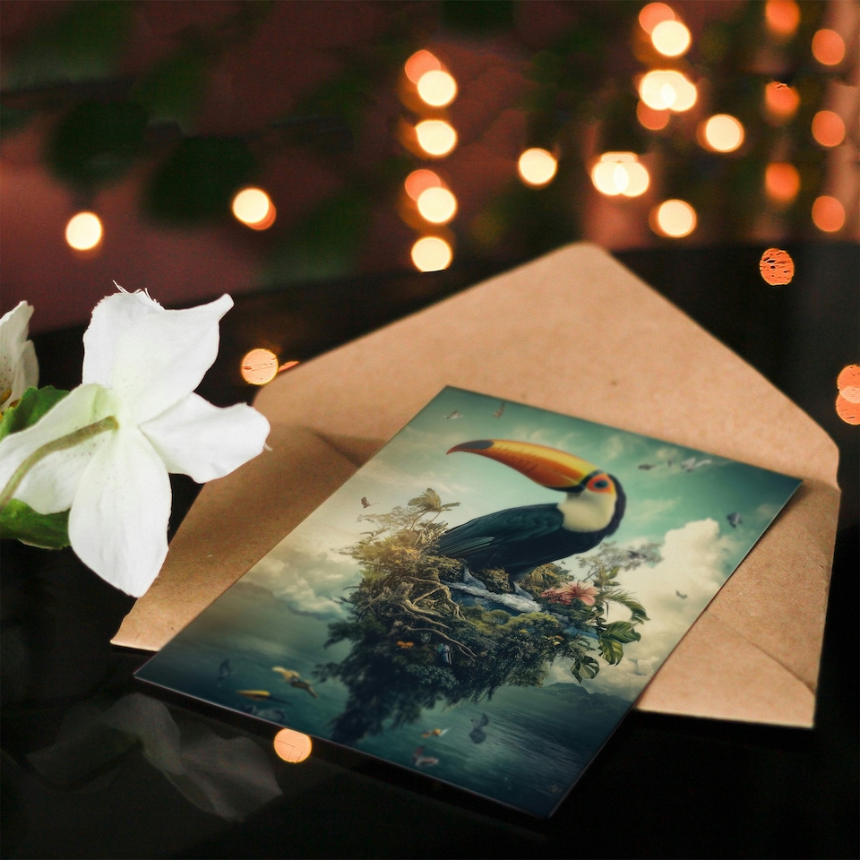image 1 of Surreal Fantasy Toucan Bird Nature Retreat Birthday Greeting Card