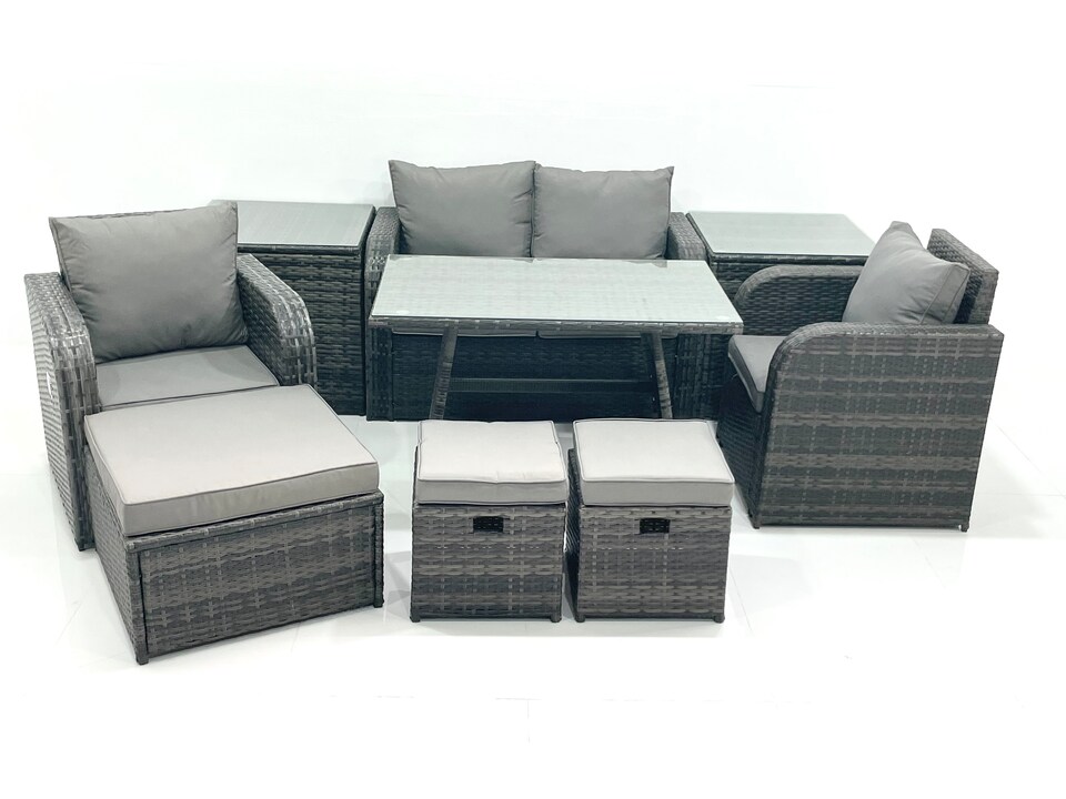 image 1 of Fimous Outdoor Garden Furniture Set Rattan Sofa Dining Table Set with Reclining Chair 3 Footstool 2 Side Table Dark Grey Mixed