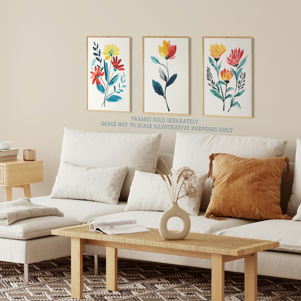 image 1 of Set of 3 Prints Wildflowers Floral Watercolour Bright Wall Art