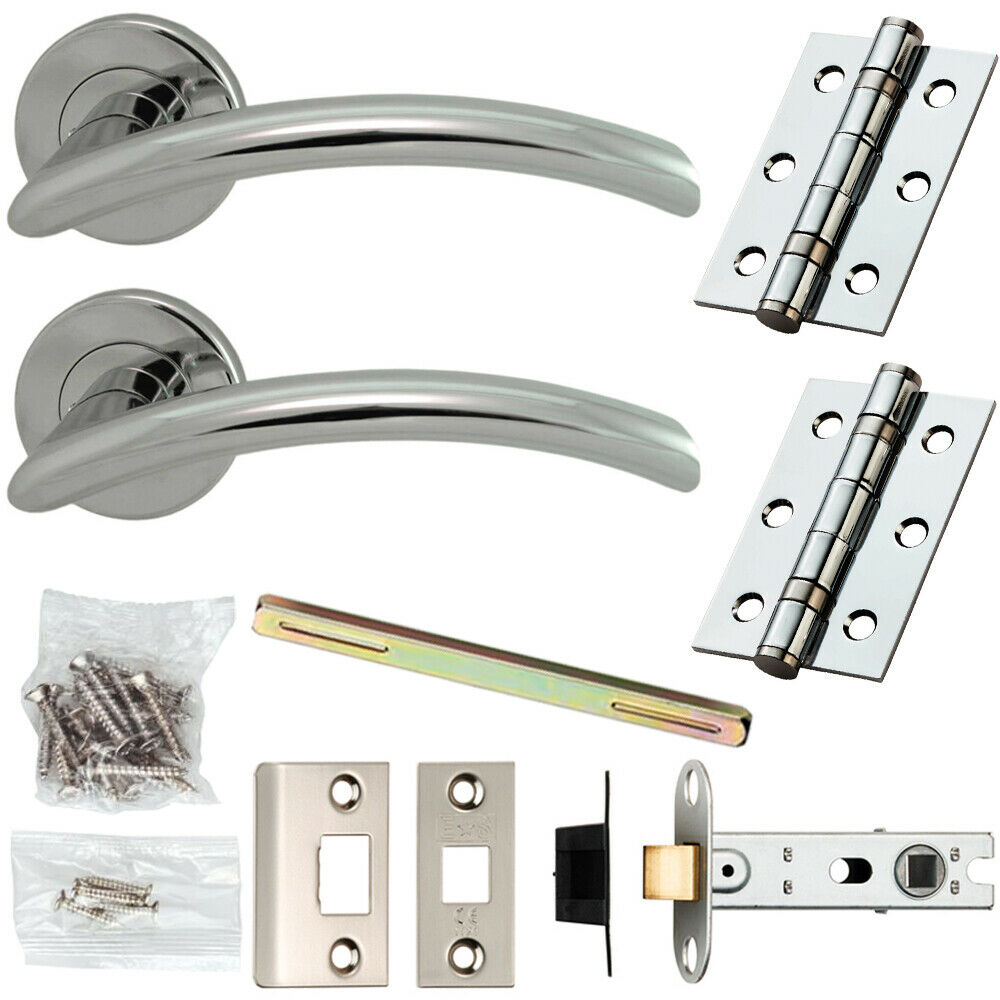Loops Door Handle & Latch Pack Chrome Modern Arched Slim Bar on Screwless Round Rose
