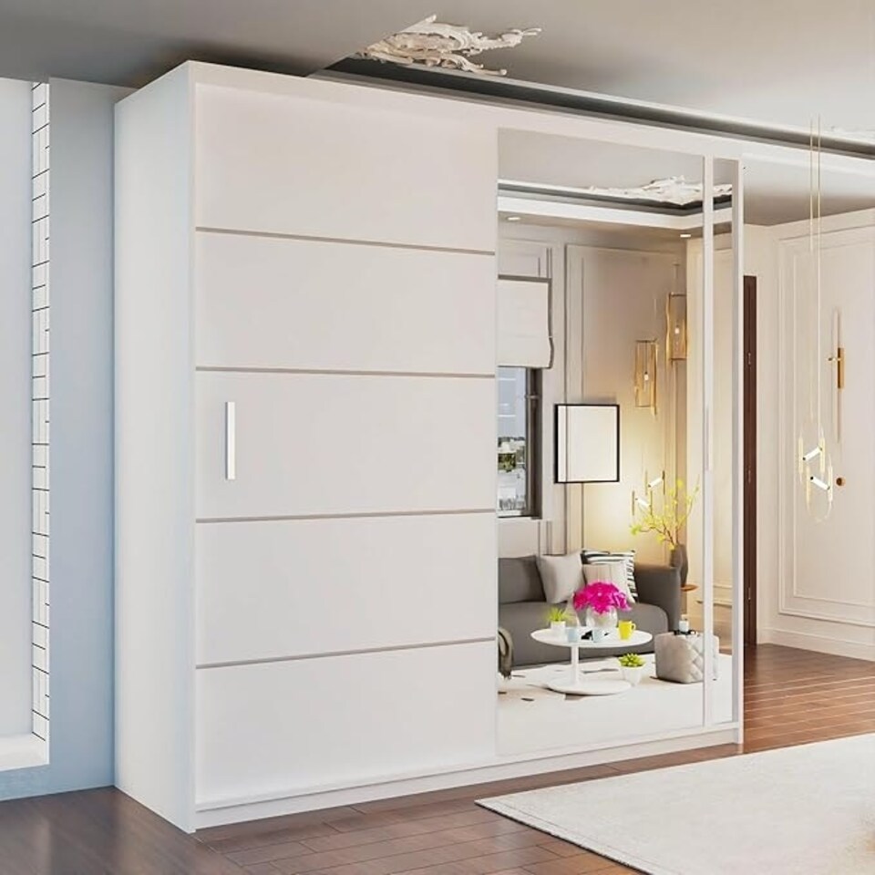 image 1 of Stylish 120cm Sliding Wardrobe with Full Mirror Door & Lined Panel Design | White, Black, Grey Finish White | White120cm