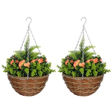 Outsunny Pack of 2 FauPlant Artificial Lisianthus Flowers Hanging Planter with Basket for Indoor Decoration, Orange