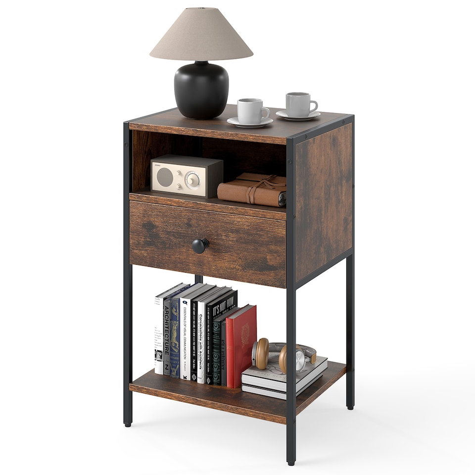 image 1 of COSTWAY Nightstand with drawer Open Compartment Brown