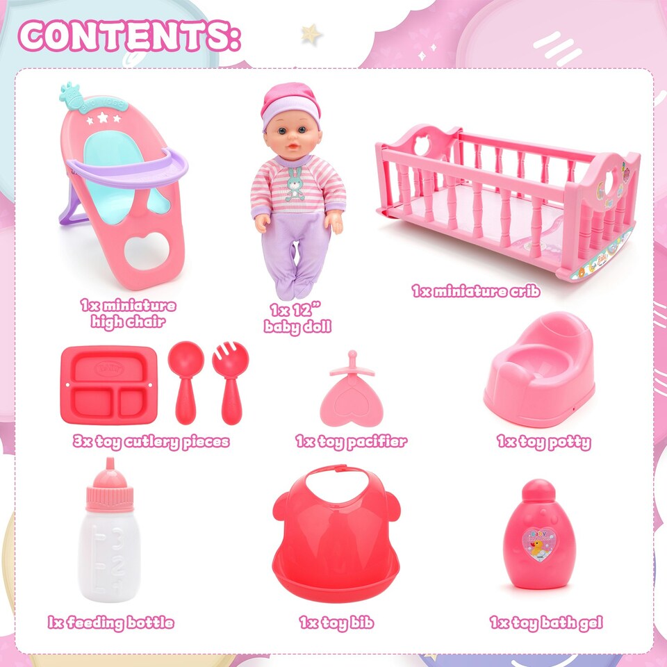 image 1 of 13 Inch Baby Doll Play Set My First Baby Doll with Swinging Crib High Chair and Feeding Accessories Pretend Play Girls Toys
