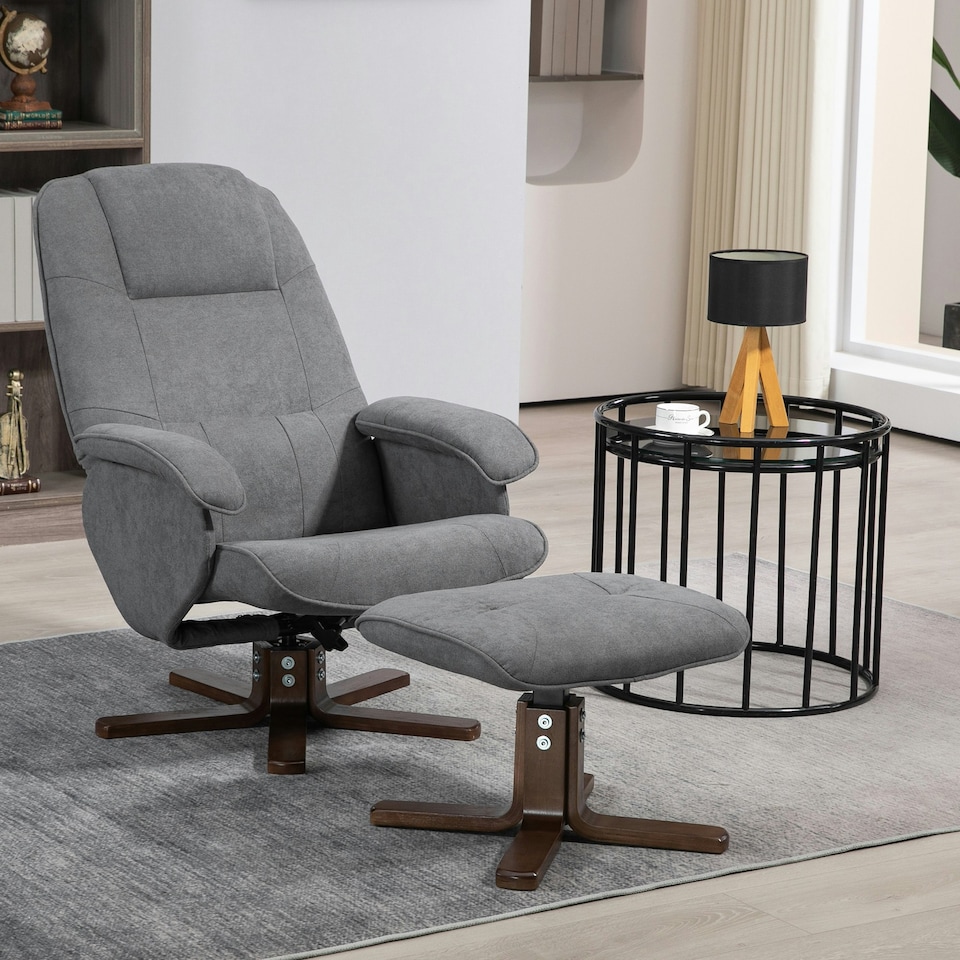 image 1 of HOMCOM Swivel Recliner Chair with Footstool and Wooden Base, Grey
