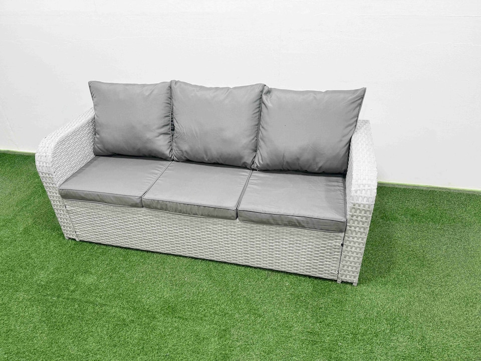 image 1 of Fimous PE Rattan Garden Furniture Set Reclining Chair Sofa Lounge Sofa Set Rectangular Coffee Table 2 Side Table 3 Stools Light Grey